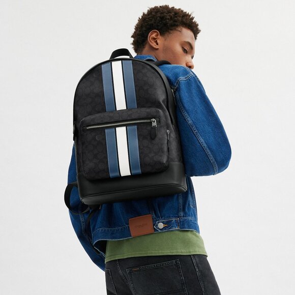 West Backpack In Signature Canvas With Varsity Stripe - Picture 1 of 3